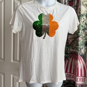 White Tee with Green Sequin Shamrock
